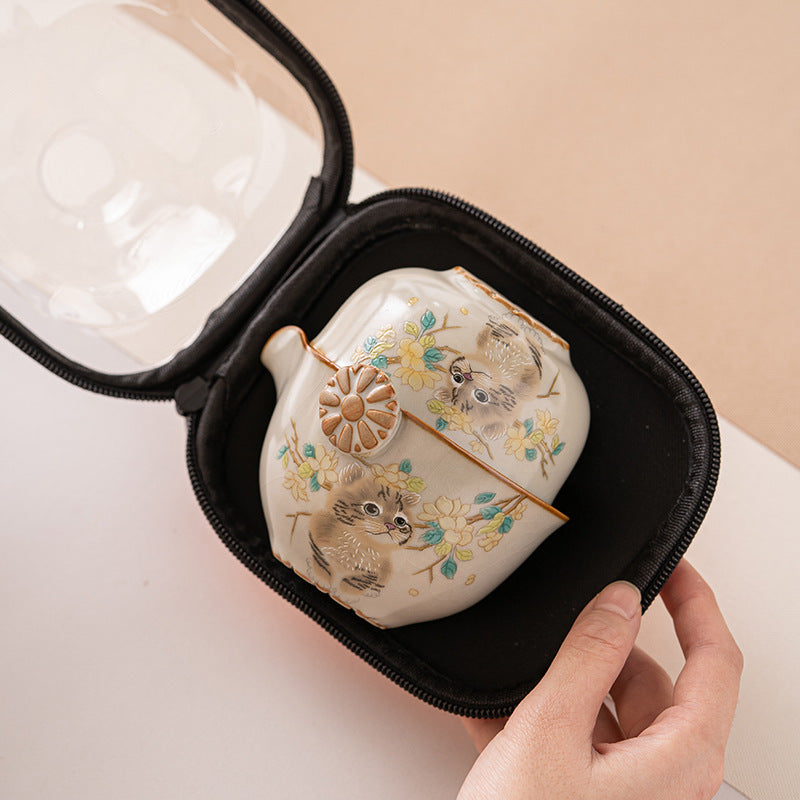 Portable Hand-Painted Cat Themed Porcelain Travel Tea Set