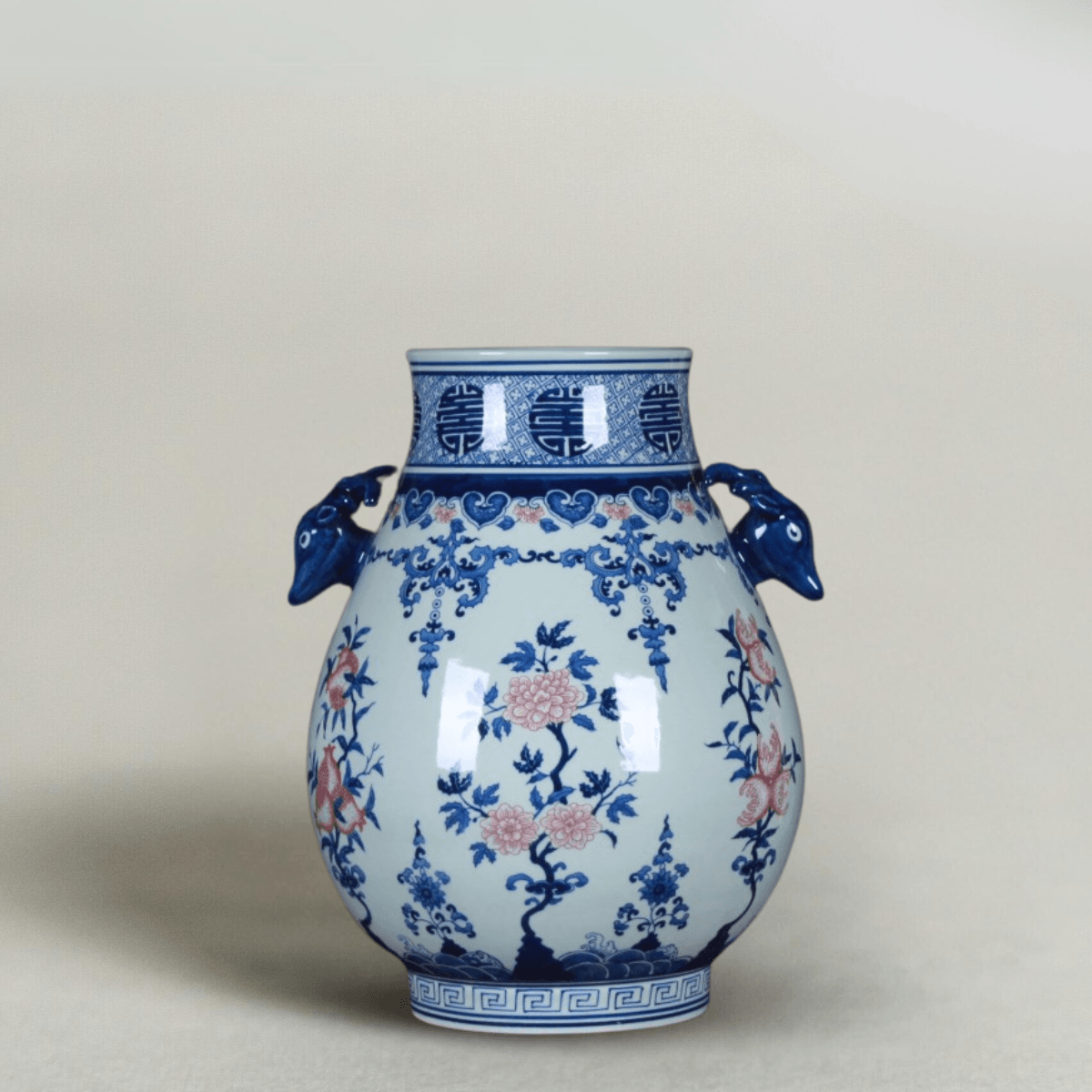 Antique-Style Hand-Painted Blue and White Porcelain Vase with Deer Handles, Traditional Chinese Underglaze Red Home Decor, 15'' Tall - Raf LifeStyle