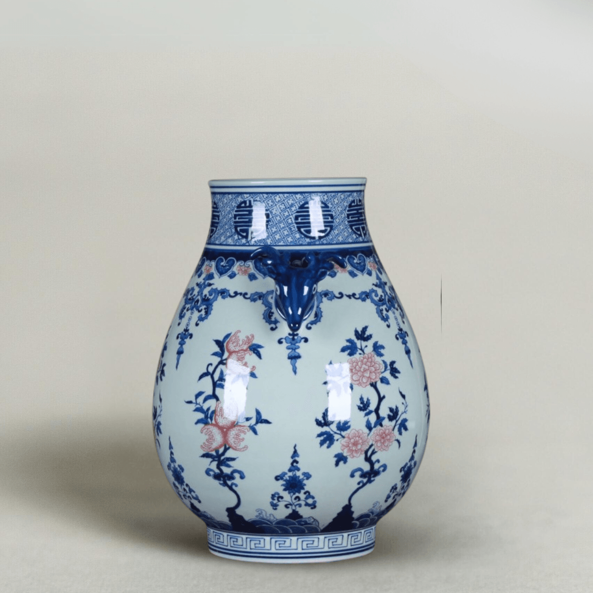 Antique-Style Hand-Painted Blue and White Porcelain Vase with Deer Handles, Traditional Chinese Underglaze Red Home Decor, 15'' Tall - Raf LifeStyle