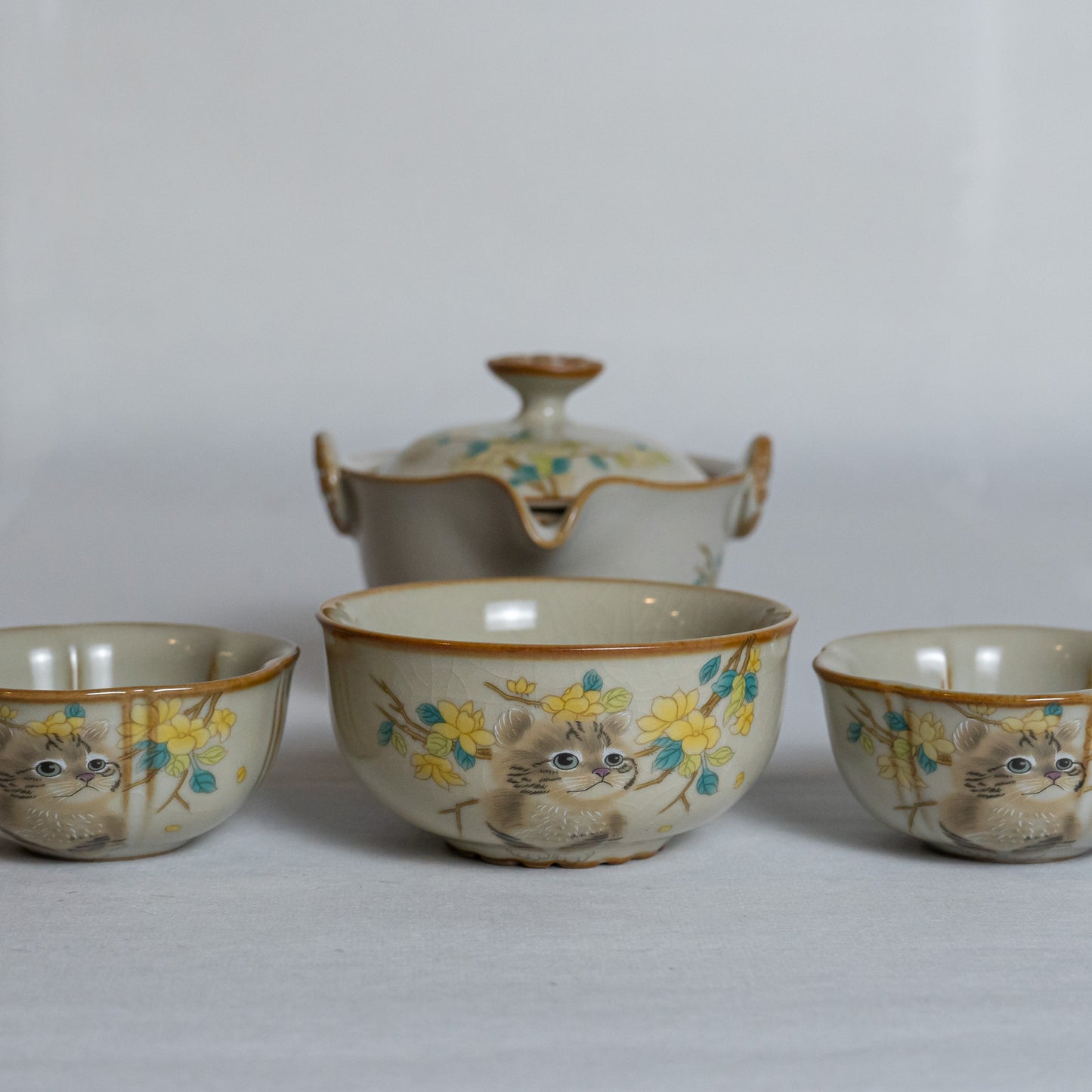Portable Hand-Painted Cat Themed Porcelain Travel Tea Set