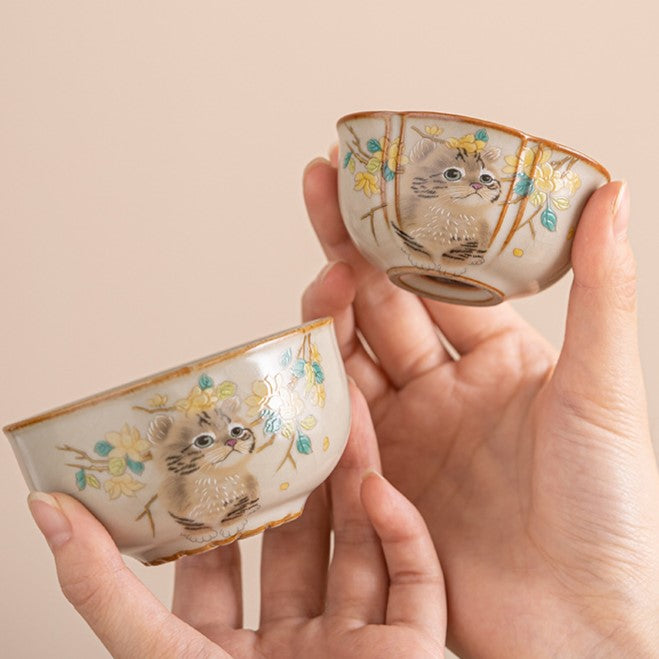 Portable Hand-Painted Cat Themed Porcelain Travel Tea Set