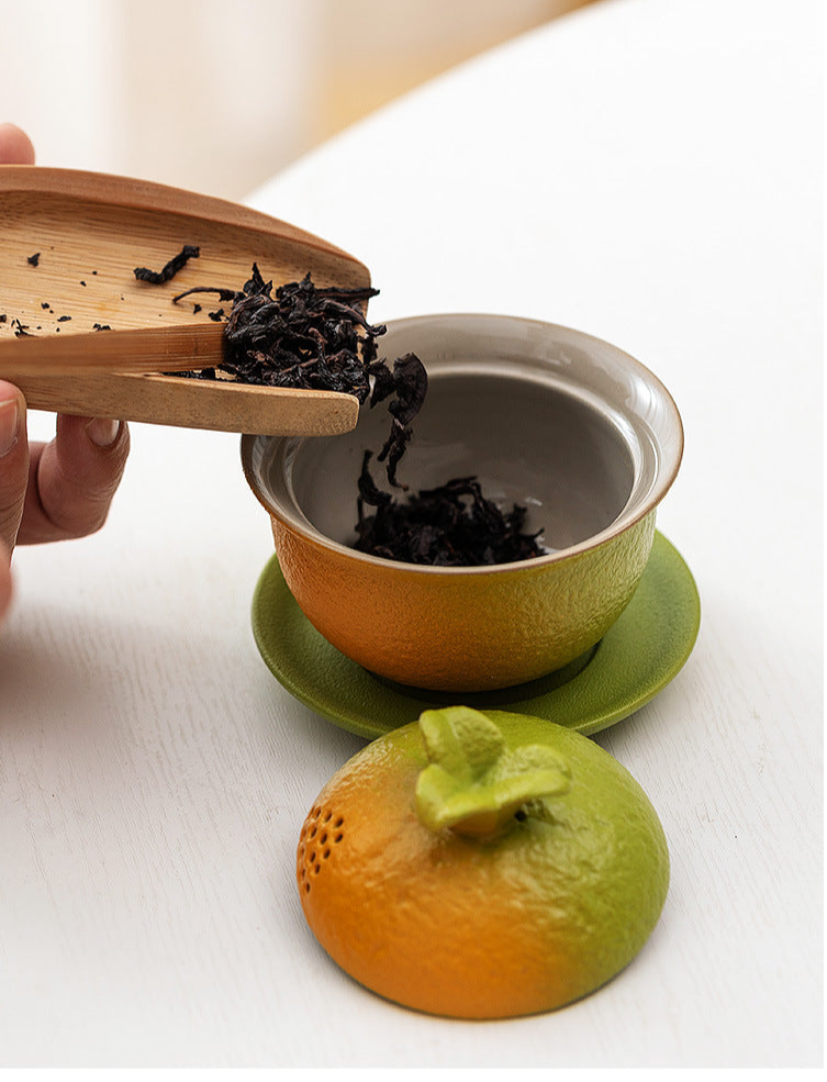 Handcrafted Orange Citrus Ceramic Gaiwan | Unique Artisan Loose Leaf Tea Brewer