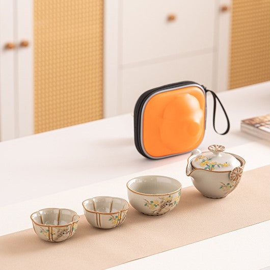 Portable Hand-Painted Cat Themed Porcelain Travel Tea Set