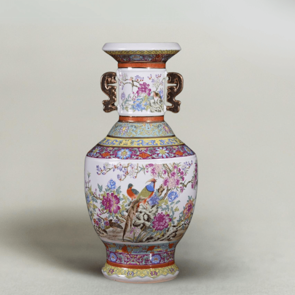 Imperial Qianlong Era-Inspired Vase, Enamel Painted Double-Ear Bird & Floral, Gilded Porcelain Floor Vase for Foyer, 24'' H - Raf LifeStyle