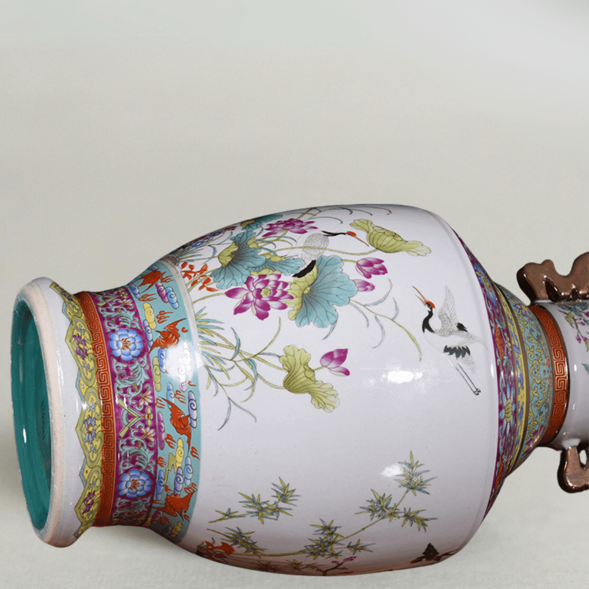 Imperial Qianlong Era-Inspired Vase, Enamel Painted Double-Ear Bird & Floral, Gilded Porcelain Floor Vase for Foyer, 24'' H - Raf LifeStyle