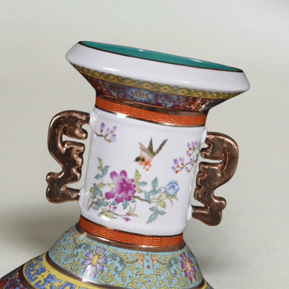 Imperial Qianlong Era-Inspired Vase, Enamel Painted Double-Ear Bird & Floral, Gilded Porcelain Floor Vase for Foyer, 24'' H - Raf LifeStyle