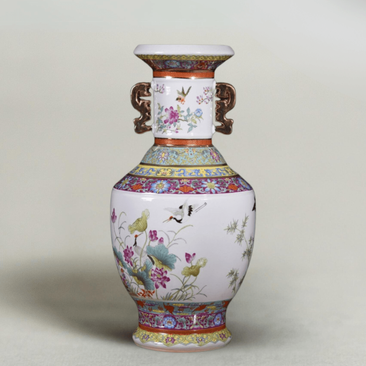 Imperial Qianlong Era-Inspired Vase, Enamel Painted Double-Ear Bird & Floral, Gilded Porcelain Floor Vase for Foyer, 24'' H - Raf LifeStyle