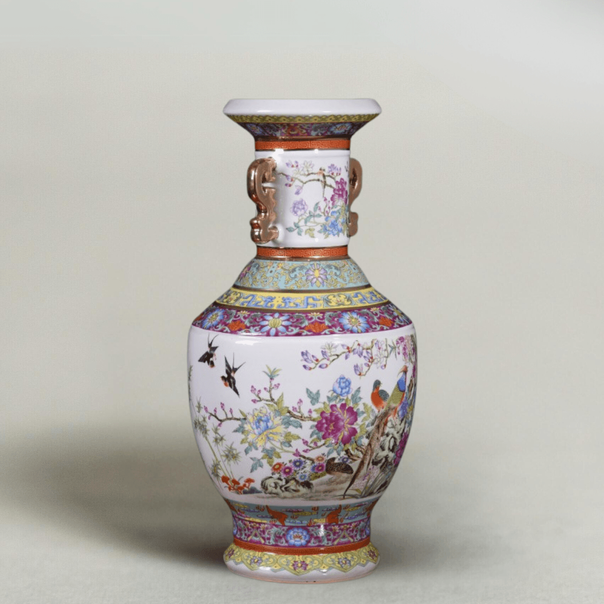 Imperial Qianlong Era-Inspired Vase, Enamel Painted Double-Ear Bird & Floral, Gilded Porcelain Floor Vase for Foyer, 24'' H - Raf LifeStyle