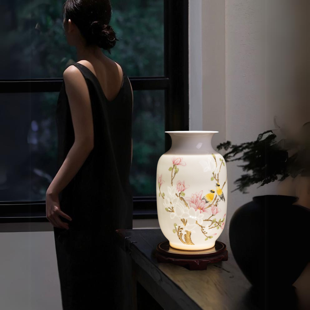 Translucent Hand-painted Thin Porcelain Vase with Bird and Floral Motif, New Chinese Style Home Decor